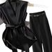 Women's Clothing Elegant Satin Sleeveless Top And Solid Color Slim Fit Trousers Set For Women Belt Not Included_ecoleips.com