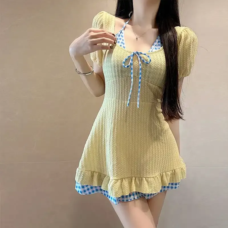 Womens Plus Size Gingham Trim One Piece Swimsuit Ruffle Hem Beach Dress_ecoleips.com