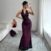 Women's Clothing Elegant Bodycon V-Neck Halter Fishtail Maxi Dress With Waist Pleats - Breathable Mesh Fabric, High Waist Design, Versatile_ecoleips.com