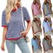 Women's Clothing Summer Casual Striped Color Round Neck Knitted Short Sleeved Pullover Sweater_ecoleips.com