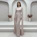 Voya Elegant Modest Evening Gown With High Neck, Long Sleeves, Pearl Embellishment & Ruched Chiffon Maxi Dress For Women (Sage Blue)_ecoleips.com