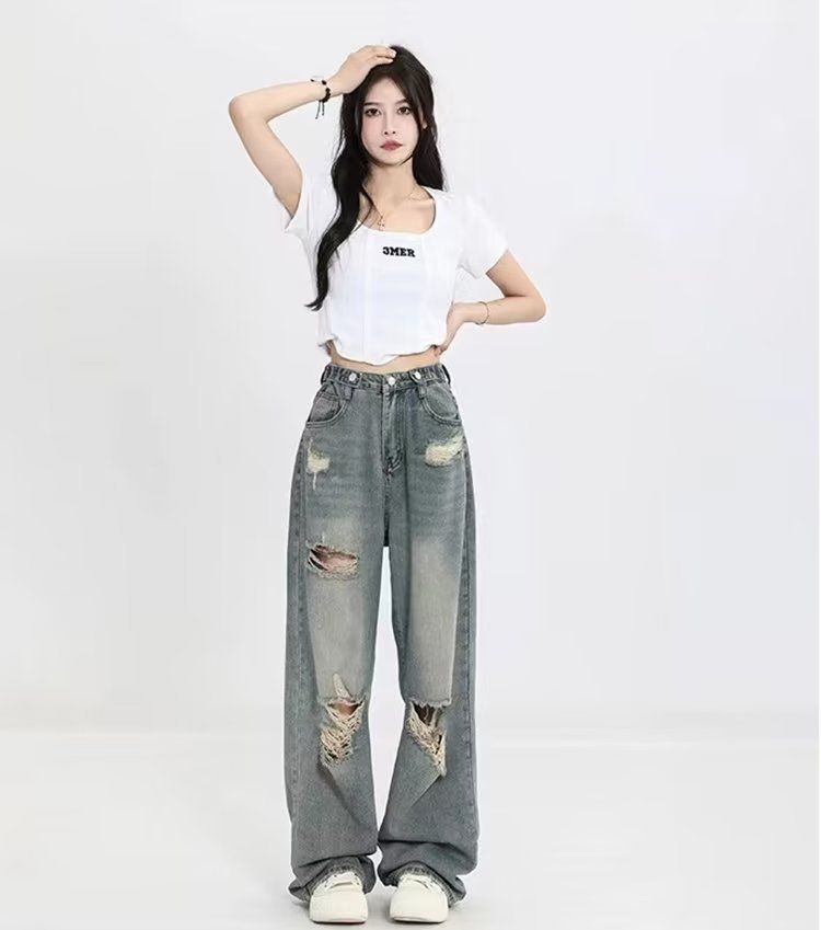 Versatile Ripped New Jeans For Women's Summer Fashion Trend, Floor Length Washed Wide Pants, Straight Leg Pants_ecoleips.com