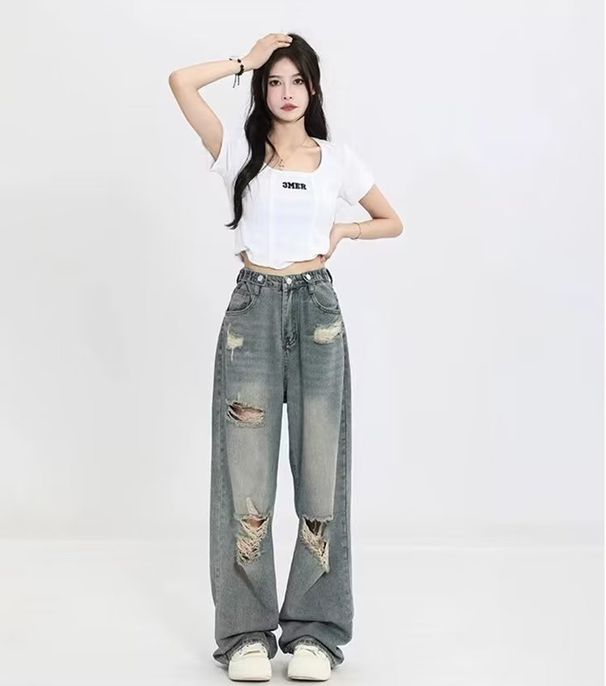 Versatile Ripped New Jeans For Women's Summer Fashion Trend, Floor Length Washed Wide Pants, Straight Leg Pants_ecoleips.com