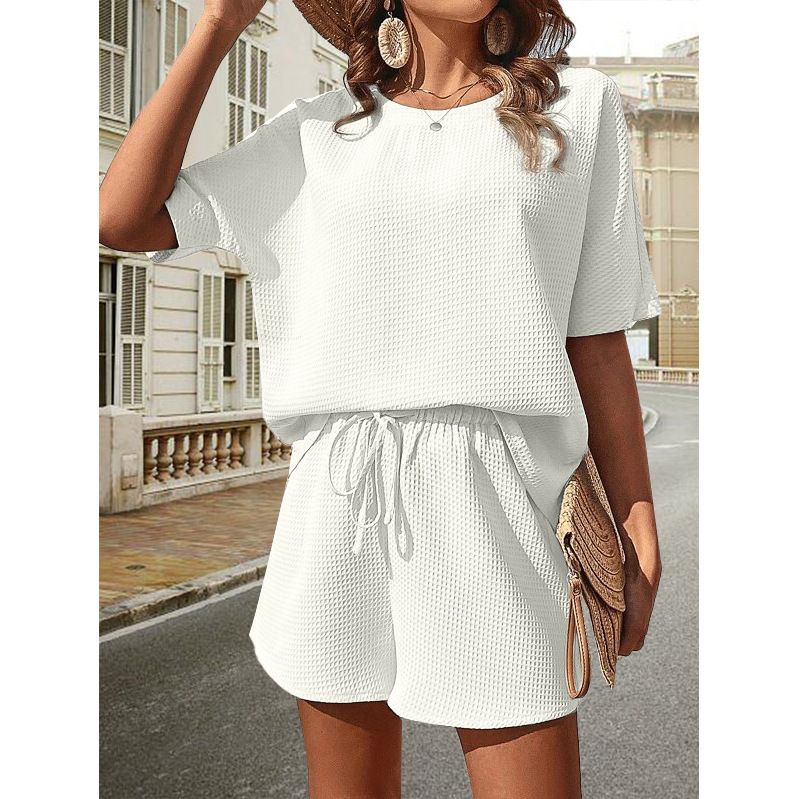 Cross-Border European American 2024 Women's New Short Sleeve Fashionable Batwing Shirt And Shorts Two-Piece Set_ecoleips.com