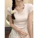 American Spice Girl Solid Color Simple V-Neck T-Shirt Women's 2026 Summer New Short Slim Versatile Pullover_ecoleips.com