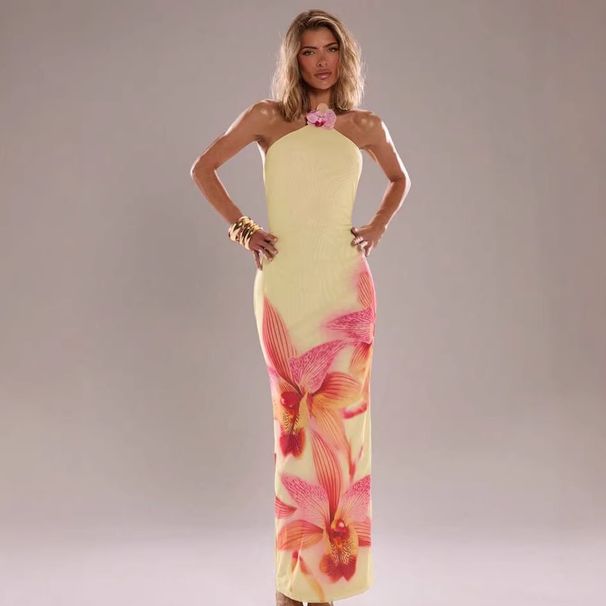 Women's Halter Neck Print Long Dress Slim Fit Bodycon Sleeveless Sexy Vacation Style Fashion_ecoleips.com