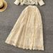Women's Clothing Elegant And Stylish Lantern Sleeves Embroidered Mesh Shirt High Waist Wide Swing Skirt Spring Two Piece Suit_ecoleips.com