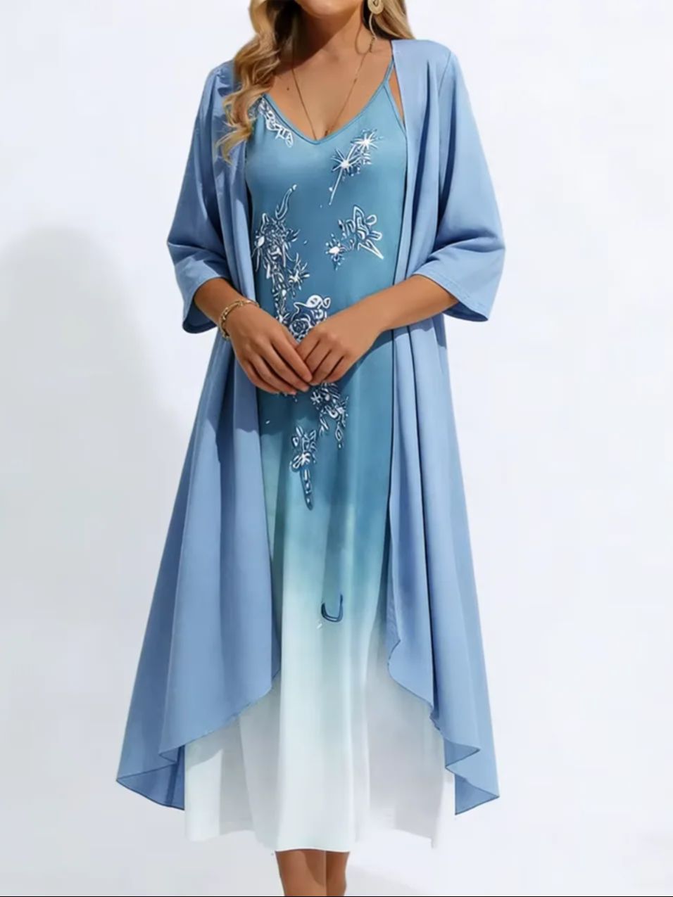 2026 Women's Summer 2-Piece Maxi Dress Set –Embroidery Print, Spaghetti Strap Dress & Open Front_ecoleips.com