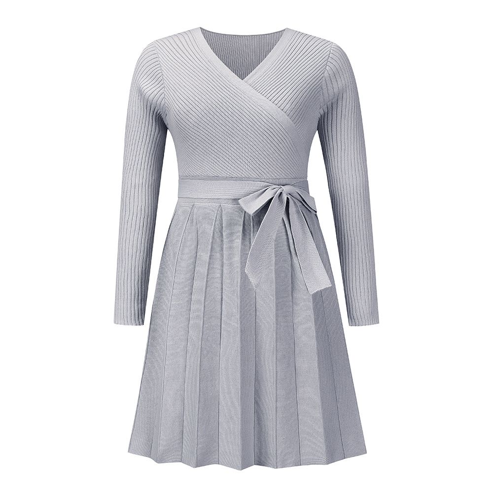 Women's Fashion Sexy V-neck Pleated Knitted Short A-line Dress_ecoleips.com