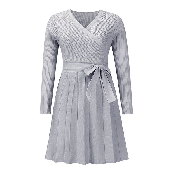 Women's Fashion Sexy V-neck Pleated Knitted Short A-line Dress_ecoleips.com
