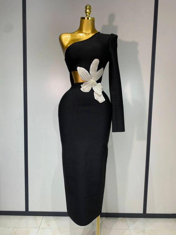 Elegant Luxury Black Bandage Party Dress Single Sleeve Cut Out White Pearl Embroidery Flower Midi Long Evening Prom Gowns SLN8_ecoleips.com
