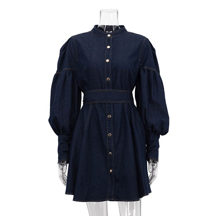 K New Denim Shirt Skirt With Niche Design, Lantern Sleeves, Lace Up Style, Fashionable Dress_ecoleips.com