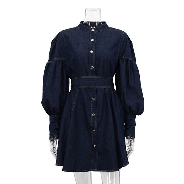 K New Denim Shirt Skirt With Niche Design, Lantern Sleeves, Lace Up Style, Fashionable Dress_ecoleips.com