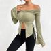 Voya Women's 2026 Autumn/Winter New Collection: One Word Collar, Split Horn Sleeve, Long Sleeve Knitted T-shirt, Sexy Top_ecoleips.com