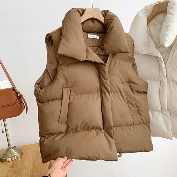Women's Quilted Puffer Vest With Stand Collar - Lightweight Winter Layering In Khaki/White/Black | M To 2XL_ecoleips.com