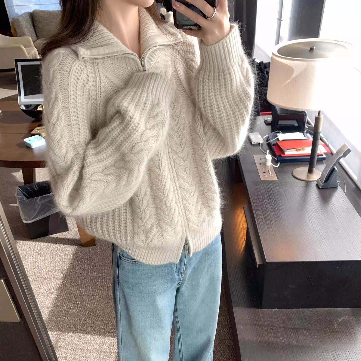 European Style High Collar Thick Knit Cardigan For Women 2026 Heavy Craft Twist Zipper Autumn Winter Thickened Knitted_ecoleips.com