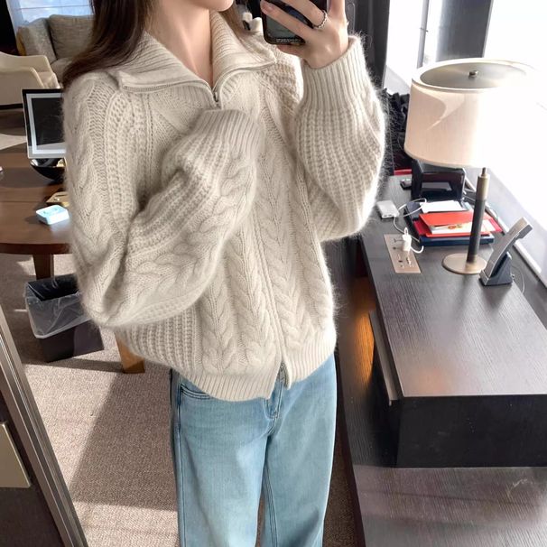 European Style High Collar Thick Knit Cardigan For Women 2026 Heavy Craft Twist Zipper Autumn Winter Thickened Knitted_ecoleips.com