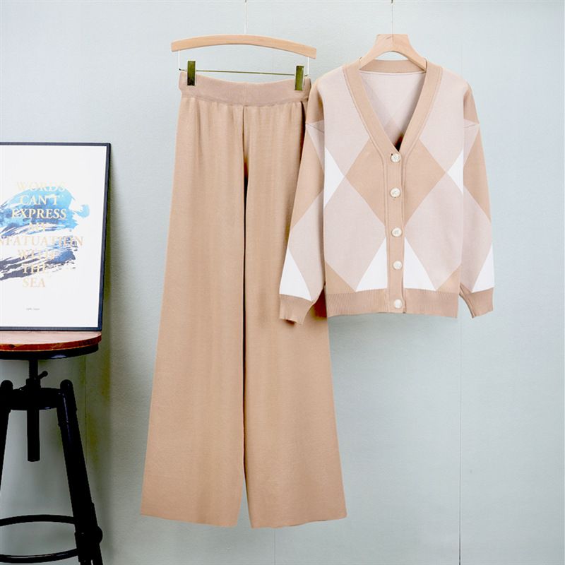 Women's Clothing Contrast Color Plaid V Neck Knitted Cardigan Fashion Suit Temperament Elegant Wide Leg Pants Two Piece Suit_ecoleips.com