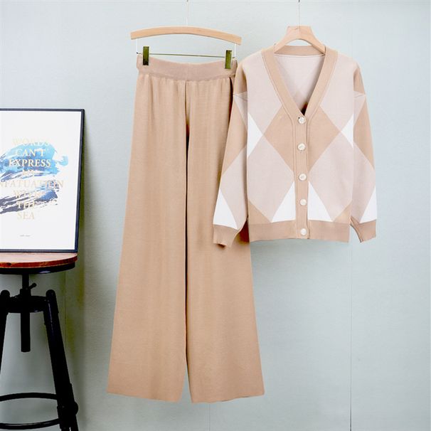 Women's Clothing Contrast Color Plaid V Neck Knitted Cardigan Fashion Suit Temperament Elegant Wide Leg Pants Two Piece Suit_ecoleips.com