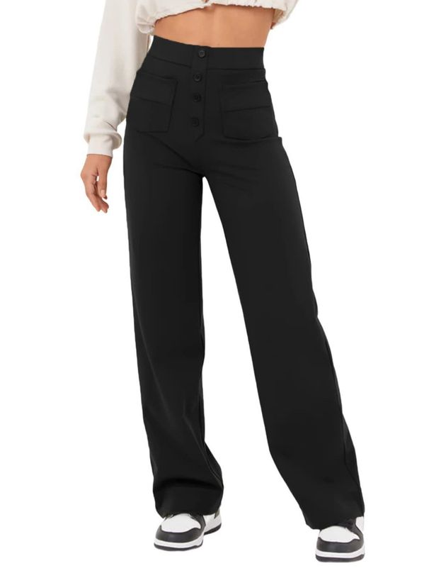 Women's Clothing Casual High Waist High Texture Button Elastic Twill Fabric Multi Pocket Straight Pants_ecoleips.com