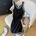 Women's Clothing Short Skirt Contrast Color Sleeveless Vest Suspender Knitted Skirt_ecoleips.com
