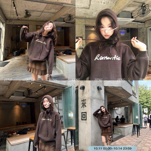 girl 251014-148 Internet Celebrity Same Style/ Color-Block English Jacquard Hooded Loose Pullover Sweater_ecoleips.com