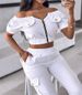 Women's Clothing Solid Color One Shoulder Raglan Short Sleeved Patch Pocket Top Casual Cuffed Trousers Set_ecoleips.com
