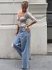 JULISSA MO Sexy Deep V-neck Side Slit Women T-shirt Apricot Short Sleeve Y2k Short T-shirt Female Spring Slim Casual Streetwear_ecoleips.com