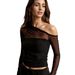 European American Autumn New Foreign Trade Mesh Splicing See-through Off-shoulder Long-sleeve T-shirt, Pure Sexy, Unique_ecoleips.com