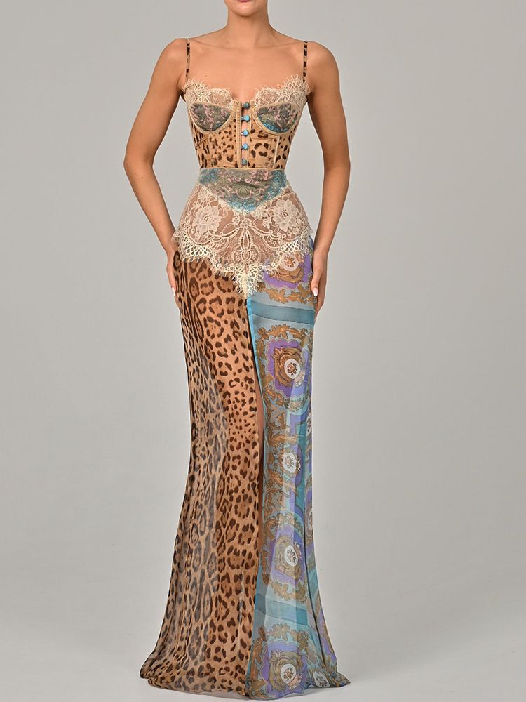 JULISSA MO Chiffon Print Leopard High Slit Baroque Women Dress Spaghetti Strap Maxi Dress Summer Skinny Elegant Party Clubwear_ecoleips.com