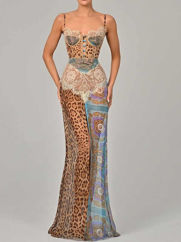 JULISSA MO Chiffon Print Leopard High Slit Baroque Women Dress Spaghetti Strap Maxi Dress Summer Skinny Elegant Party Clubwear_ecoleips.com
