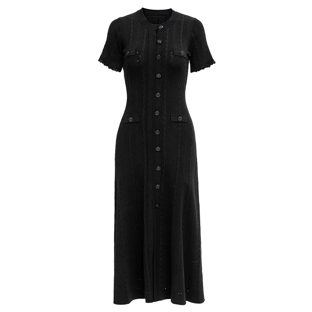 Elegant Maxi Dress For Women Knitted Lace Trim Ruffled Sleeves Floral Embroidery A-Line Silhouette_ecoleips.com