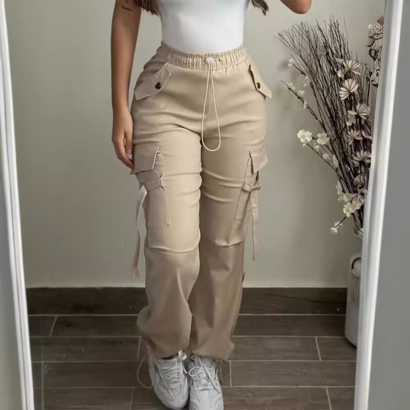 Women's Clothing Fashion Multi Pocket Monochrome Elastic Waist Tie Casual Elastic Waist Overalls_ecoleips.com