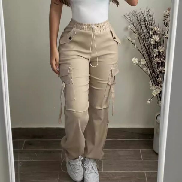 Women's Clothing Fashion Multi Pocket Monochrome Elastic Waist Tie Casual Elastic Waist Overalls_ecoleips.com