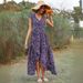 Bohemian Beach Vacation Dress Rayon Print V Neck Tie up Fitted Asymmetrical Flared Skirt Women's Clothing_ecoleips.com