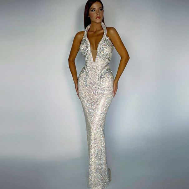 Autumn Winter New Women's Sexy Sequin Party Halter Neck Bodycon Train Evening Dress_ecoleips.com