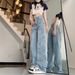 Women's Embroidered High Waist Wide Leg Jeans Five Pointed Star Appliqué Unique Straight Leg Floor Length Pants Spring Autumn Style Loose Fit_ecoleips.com
