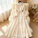 Women's European American Style Long Sleeve Fitted Waist Tie A-Line Maxi Dress Heavy Embroidery Beaded Lace New_ecoleips.com