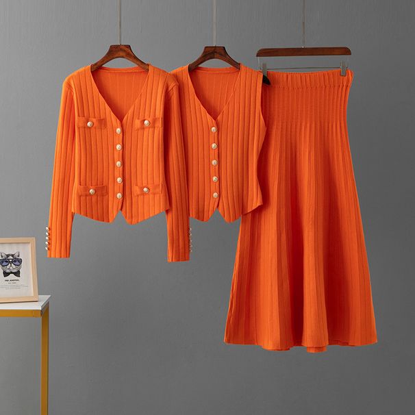 Women's Autumn/Winter Knitted Cardigan And Skirt Set Casual Fashion Ribbed Three Piece Short Skirt Cross Border Russian Style_ecoleips.com