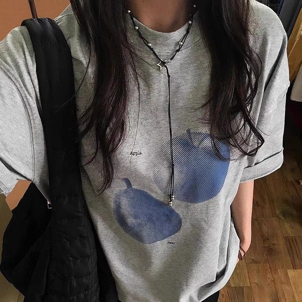 Blue Fruit Printed T-shirt For Men And Women Pure Cotton Retro Summer Fashion Trend Comfy Couple Short Sleeved Top Harajuku_ecoleips.com