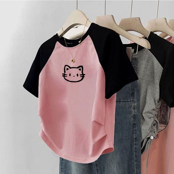 Short-sleeved 2025 Summer New Popular Raglan Color-blocking Asymmetrical Slim-fit Design Short Slimming Top_ecoleips.com