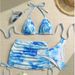 Women's Floral Print 3-Piece Halter Bikini Set With Sheer Cover-Up, Adjustable Ties & Removable Padding_ecoleips.com
