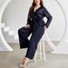 Plus Size Women's Jumpsuit – Sexy V-Neck Tie-Waist Glitter Wide Leg Palazzo Pants, High Waist Loungewear For Work & Party (0XL-4XL, Navy Blue)_ecoleips.com