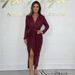 Women's Clothing Temperament Sequins Low V Neck Long Sleeved New Year Party Dress Dress_ecoleips.com