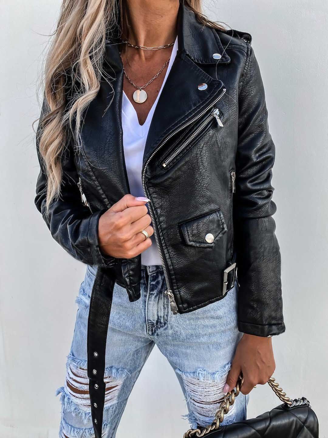 Women's jacket top PU leather jacket motorcycle short zipper_ecoleips.com