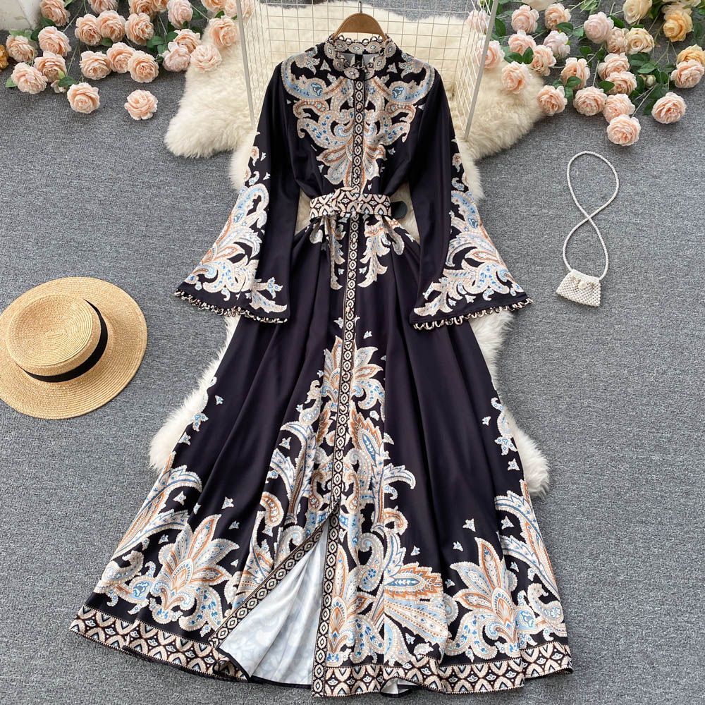 Women's Clothing Retro Stand Collar Trumpet Sleeve Printed Dress Palace Style Large Swing Knee Length Skirt_ecoleips.com