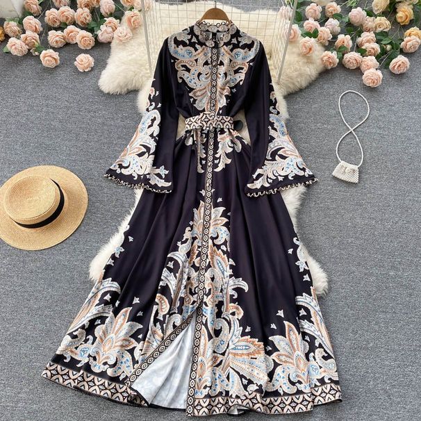 Women's Clothing Retro Stand Collar Trumpet Sleeve Printed Dress Palace Style Large Swing Knee Length Skirt_ecoleips.com