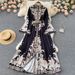 Women's Clothing Retro Stand Collar Trumpet Sleeve Printed Dress Palace Style Large Swing Knee Length Skirt_ecoleips.com