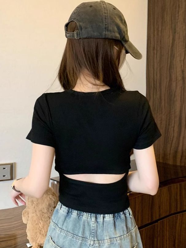 A Retro And Stylish Short-Sleeved T-Shirt With A Crop Top And A Hollowed-Out Back Design For Women In Summer_ecoleips.com