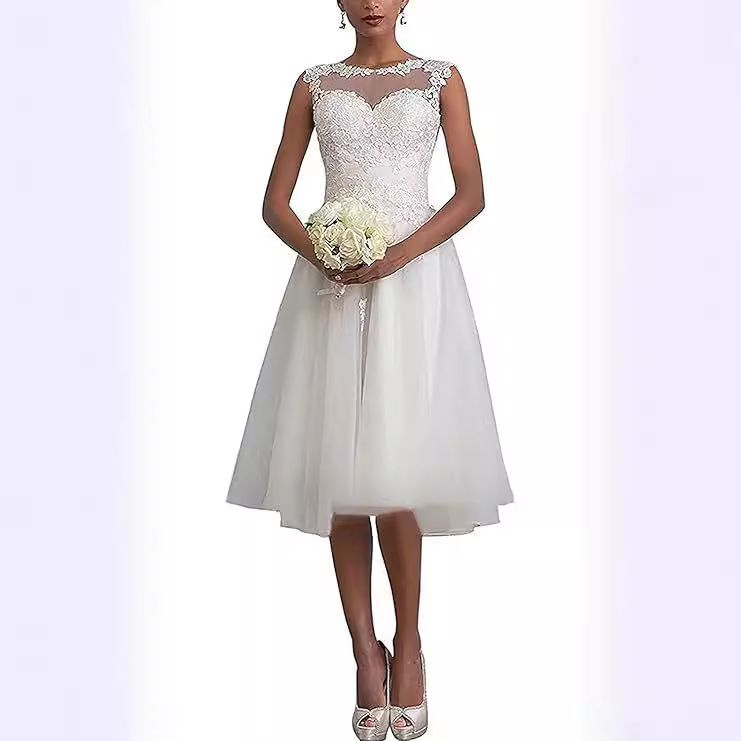New 2025 round Neck Lace Slim Fit Mid-Length Wedding Dress Fashionable Foreign Trade Style for Women_ecoleips.com